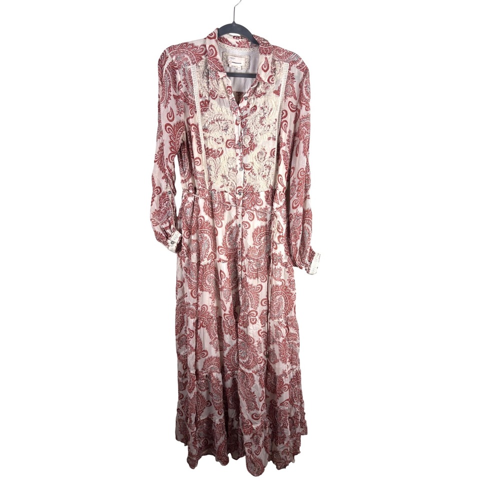 Anthropologie Allaire Red Paisley Lace Bib Maxi Dress XL Boho Long Sleeve Tiered - Picture 5 of 8